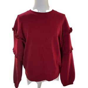 Festive Cozy Ruffle Sleeve Terry Sweatshirt Wine Red Pullover Rebecca Minkoff S‎